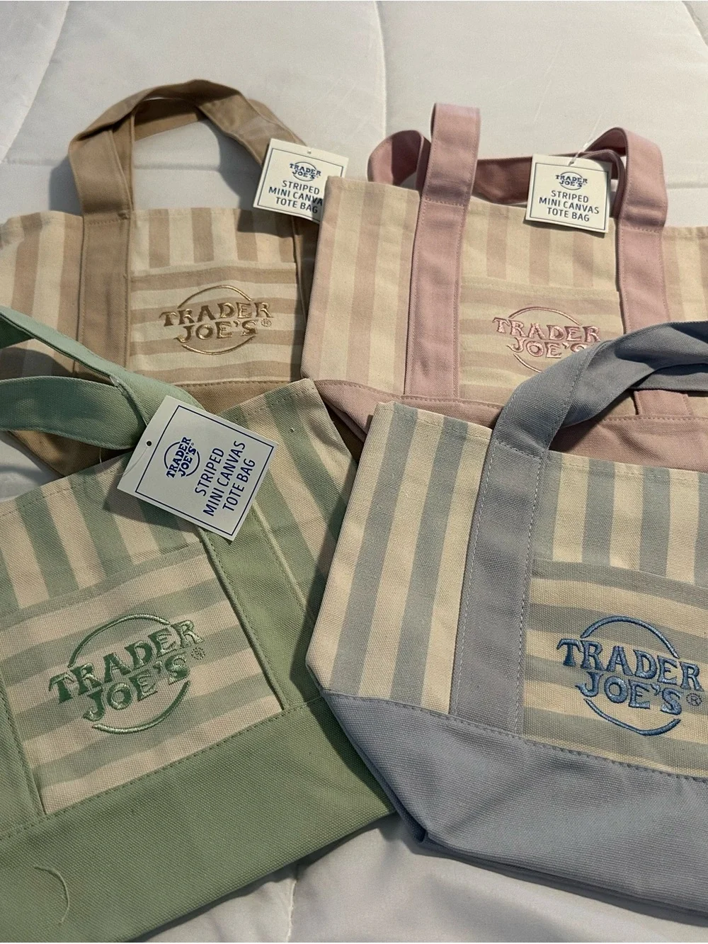 NWT Trader Joe’s Striped Mini Canvas Tote — Pastel Pink, Sage, Sky, and Tan